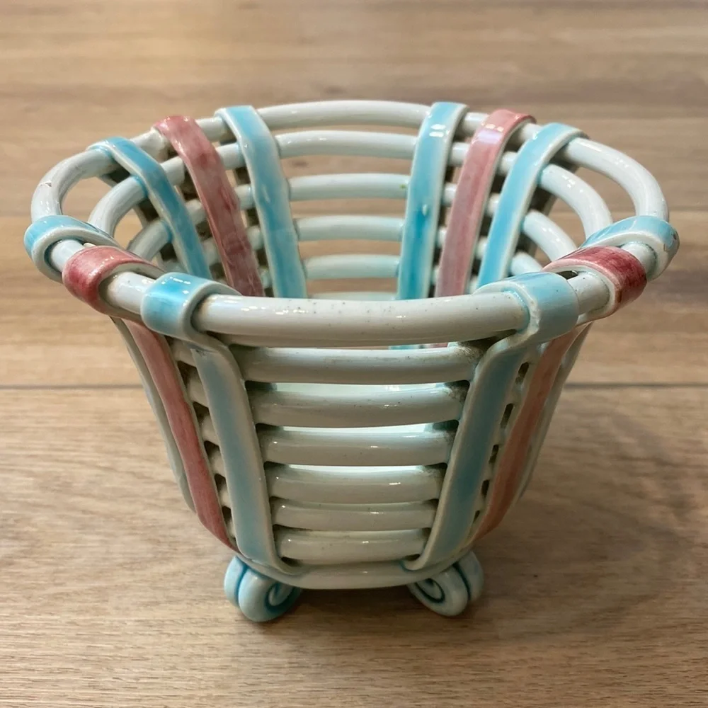 Vintage Italian Ceramic Basket Coil Pot‎ Luminary Cache Pot Boho French Country